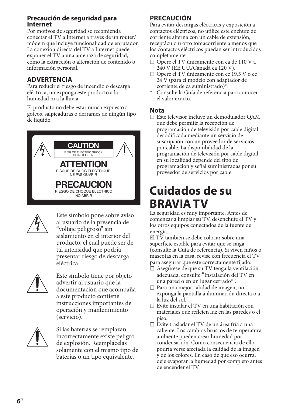 Cuidados de su bravia tv, Attention, Precaucion | Caution | Sony BDP-BX370 Network Blu-ray Disc Player User Manual | Page 34 / 44