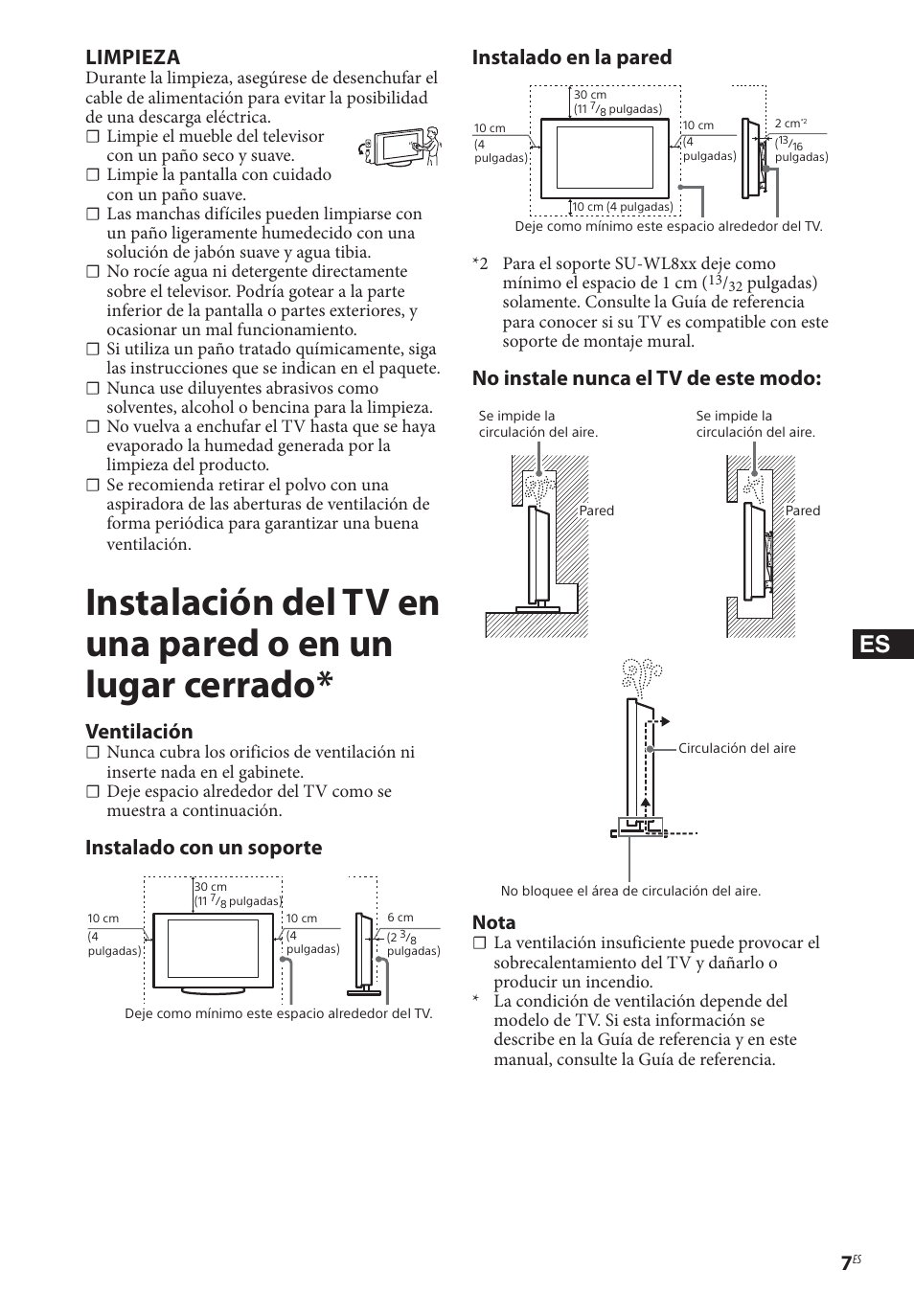 Limpieza, Ventilación, Instalado con un soporte | Instalado en la pared, No instale nunca el tv de este modo, Nota | Sony BDP-BX370 Network Blu-ray Disc Player User Manual | Page 35 / 44