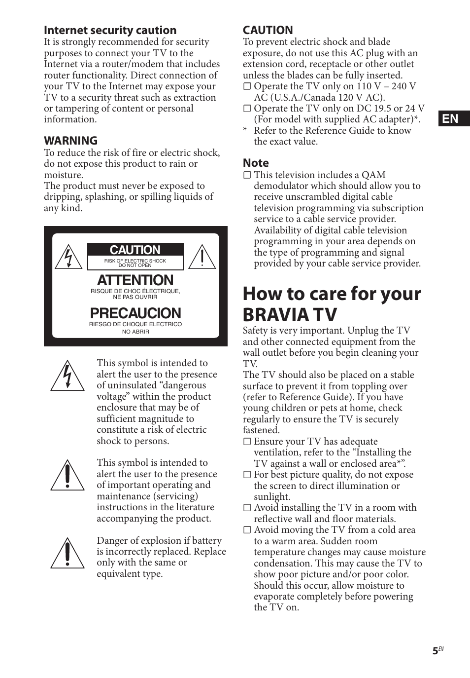 How to care for your bravia tv, Attention, Precaucion | Sony BDP-BX370 Network Blu-ray Disc Player User Manual | Page 5 / 44