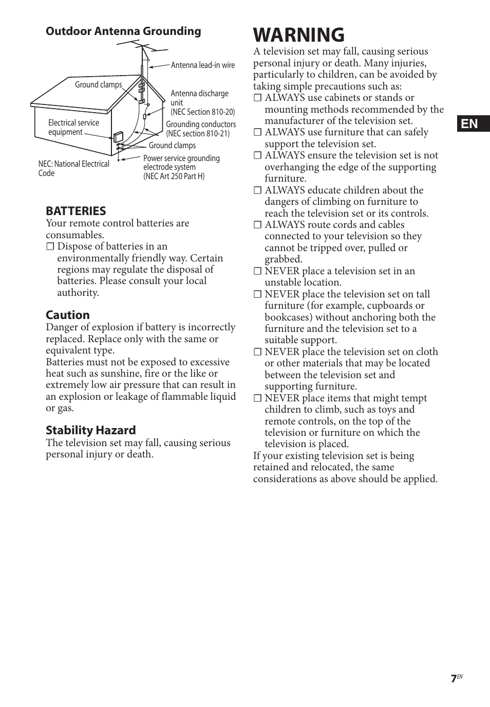 Warning, Batteries, Caution | Stability hazard | Sony BDP-BX370 Network Blu-ray Disc Player User Manual | Page 7 / 44