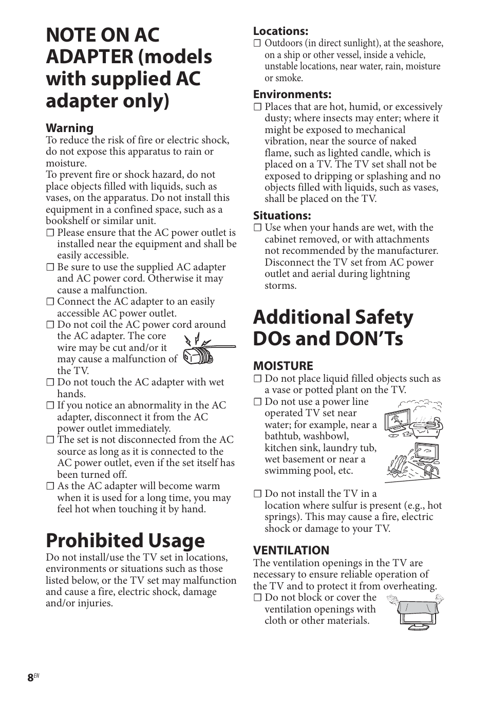 Prohibited usage, Additional safety dos and don’ts | Sony BDP-BX370 Network Blu-ray Disc Player User Manual | Page 8 / 44