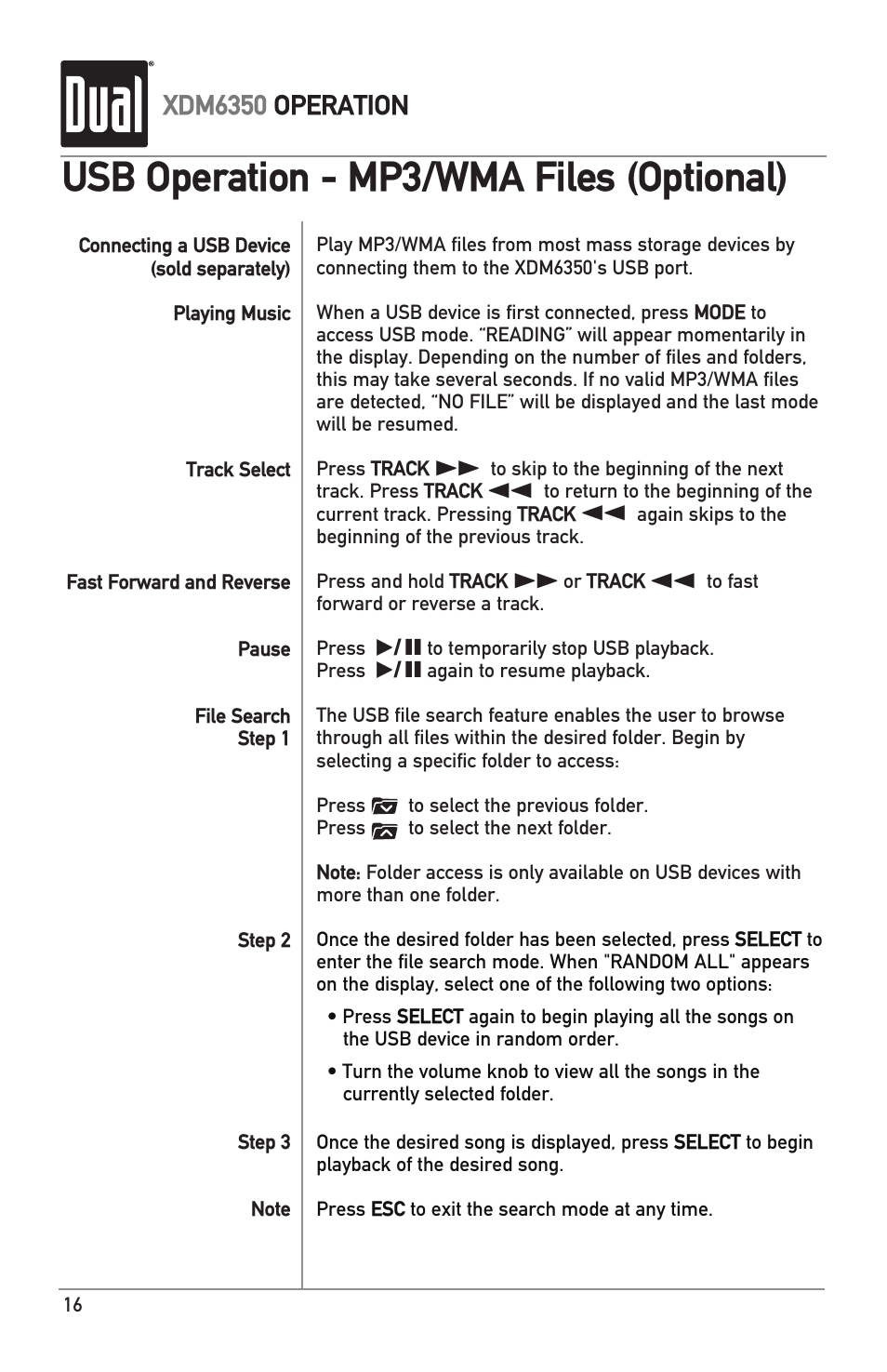 Usb operation - mp3/wma files (optional) | Dual XDM6350 User Manual | Page 16 / 24