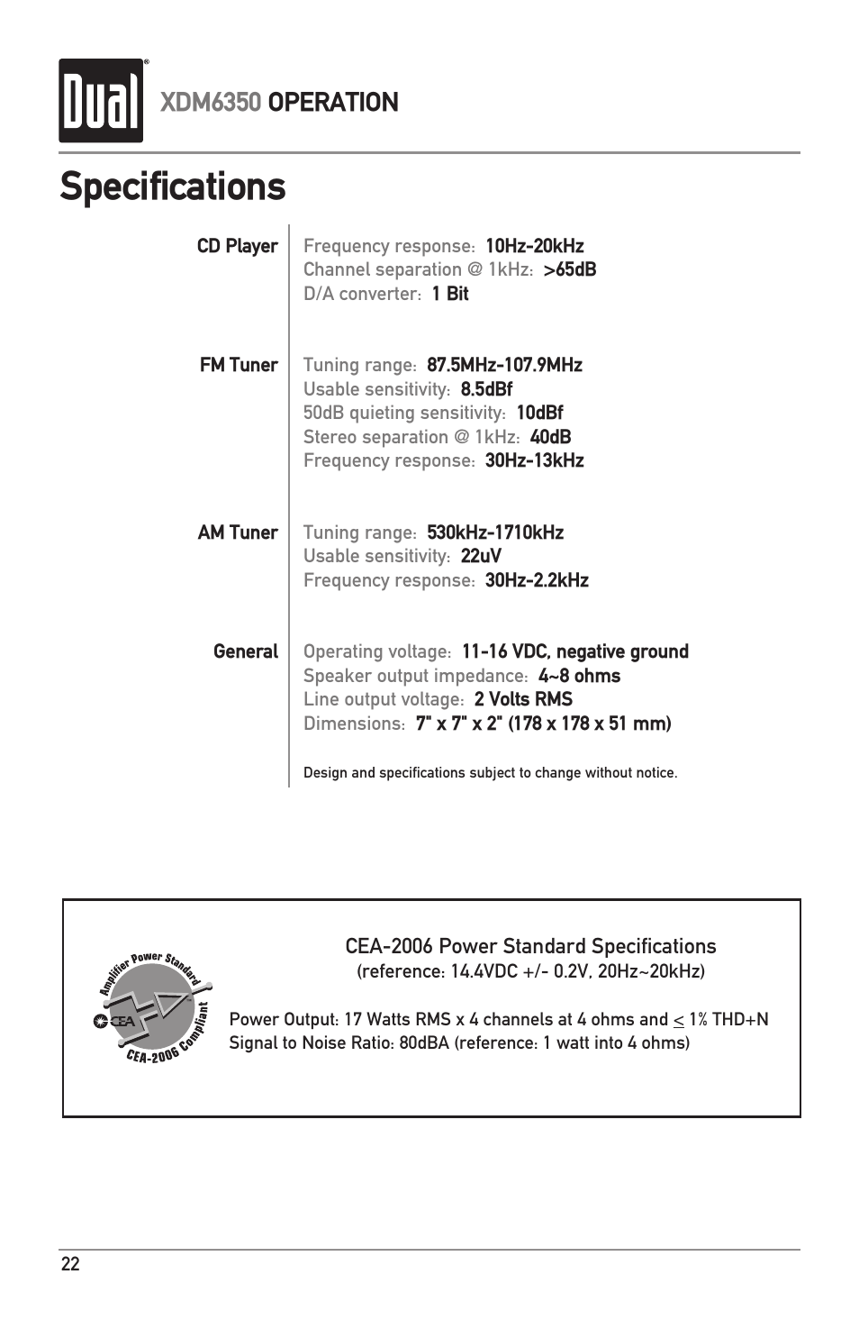 Specifications, Xdm6350 operation | Dual XDM6350 User Manual | Page 22 / 24