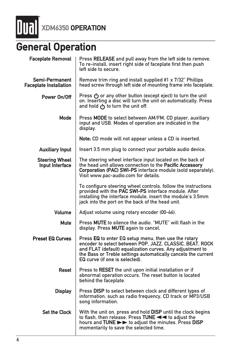 General operation, Xdm6350 operation | Dual XDM6350 User Manual | Page 6 / 24