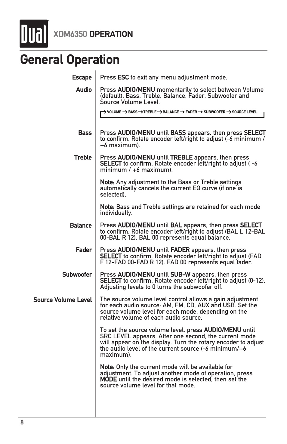 General operation, Xdm6350 operation | Dual XDM6350 User Manual | Page 8 / 24