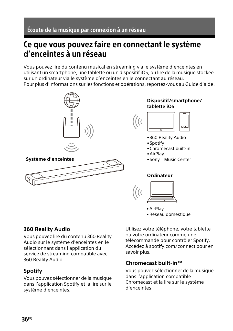 Écoute de la musique par connexion à un réseau, Ce que vous pouvez faire en, Connectant le système d’enceintes à un réseau | Sony UBP-X700M HDR 4K UHD Network Blu-ray Disc Player User Manual | Page 106 / 226