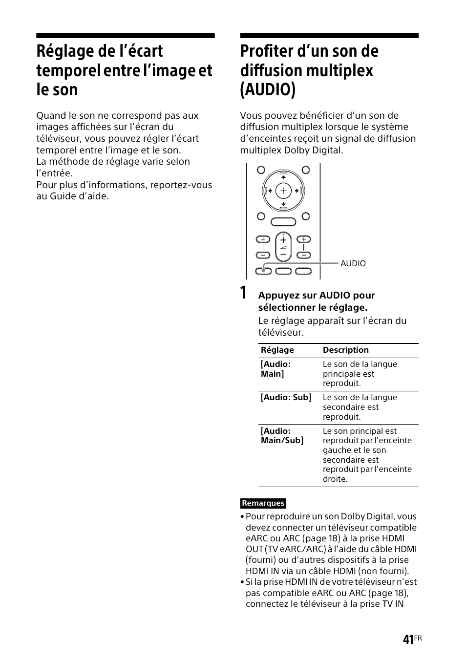 Profiter d’un son de diffusion multiplex (audio), Réglage de l’écart temporel entre, L’image et le son | Profiter d’un son de diffusion, Multiplex (audio) | Sony UBP-X700M HDR 4K UHD Network Blu-ray Disc Player User Manual | Page 111 / 226