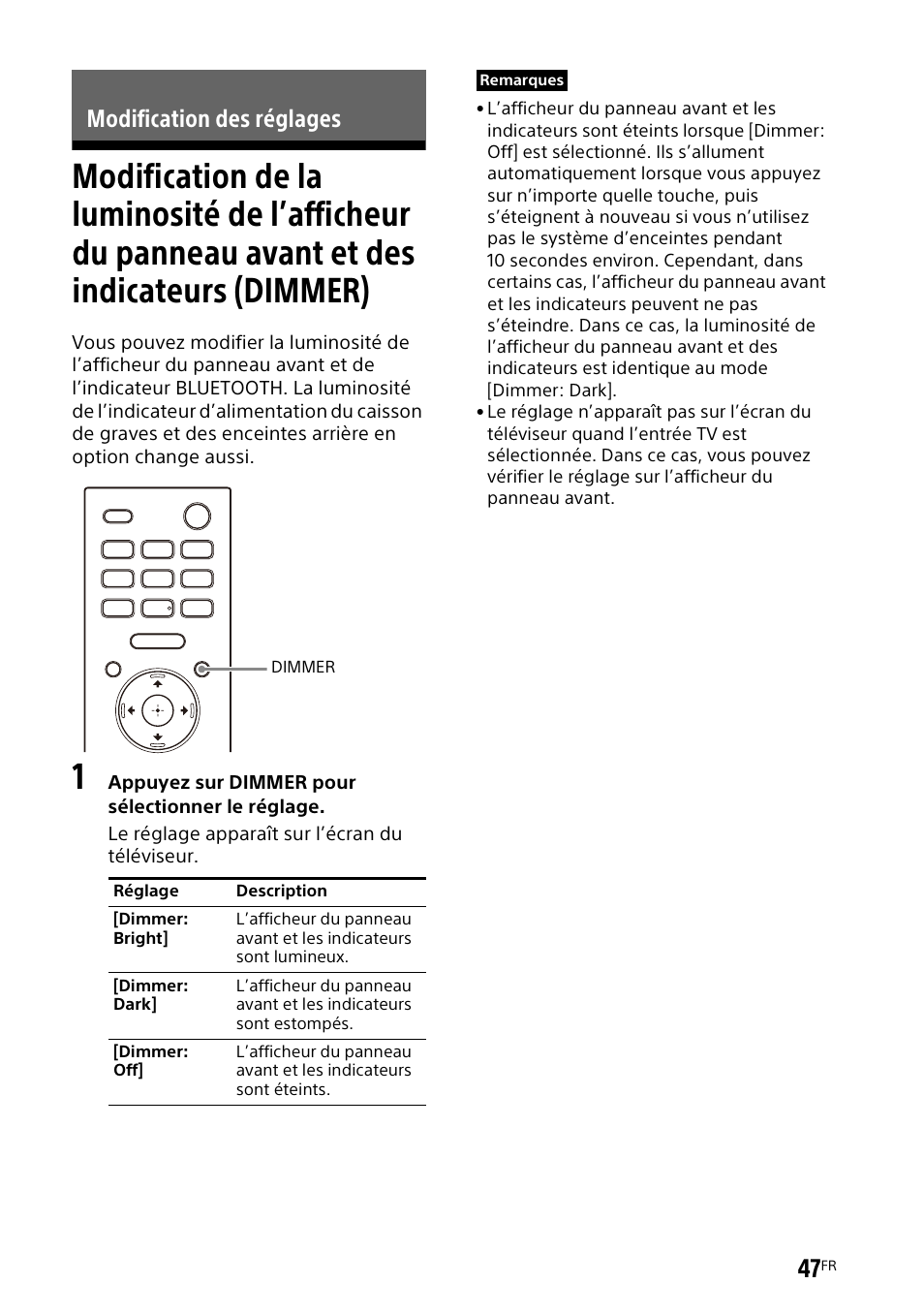 Modification des réglages, Modification de la luminosité de | Sony UBP-X700M HDR 4K UHD Network Blu-ray Disc Player User Manual | Page 117 / 226