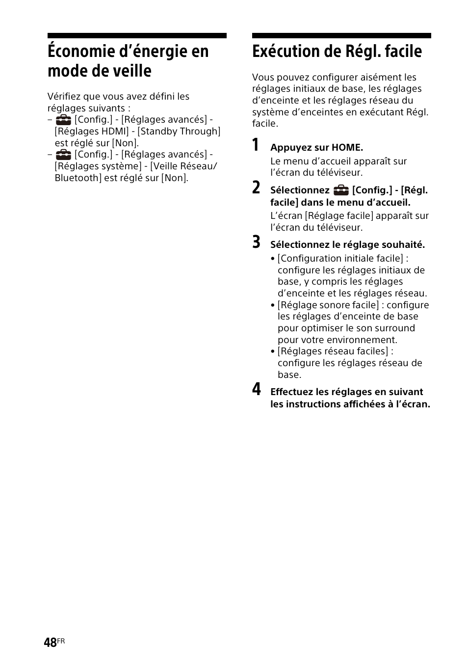 Économie d’énergie en mode de veille, Exécution de régl. facile, Économie d’énergie en mode de | Veille | Sony UBP-X700M HDR 4K UHD Network Blu-ray Disc Player User Manual | Page 118 / 226