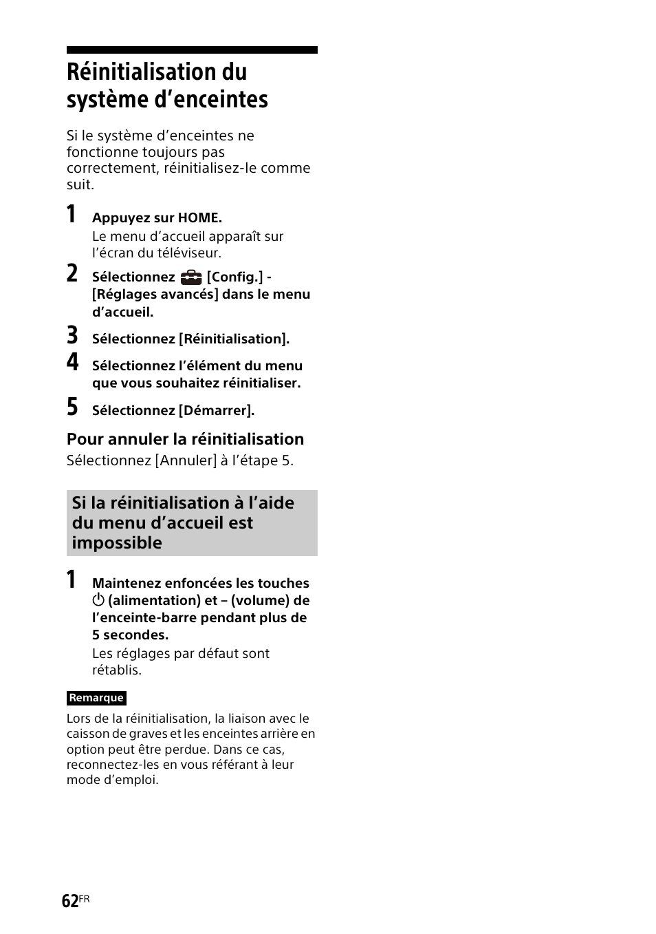 Réinitialisation du système d’enceintes, Réinitialisation du système, D’enceintes | Sony UBP-X700M HDR 4K UHD Network Blu-ray Disc Player User Manual | Page 132 / 226