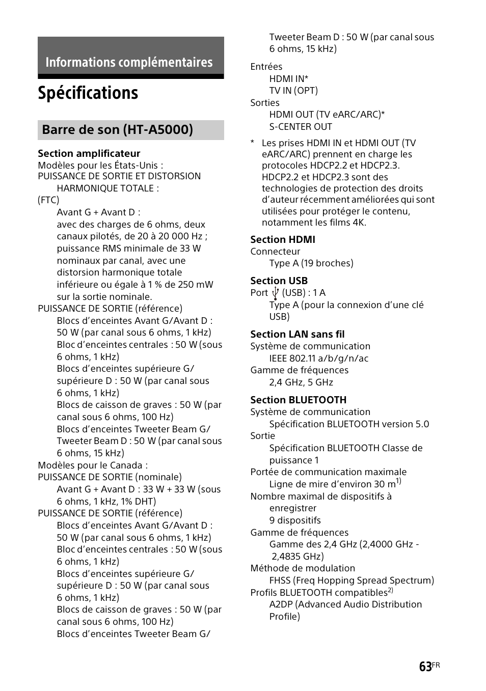 Informations complémentaires, Spécifications, Barre de son (ht-a5000) | Sony UBP-X700M HDR 4K UHD Network Blu-ray Disc Player User Manual | Page 133 / 226