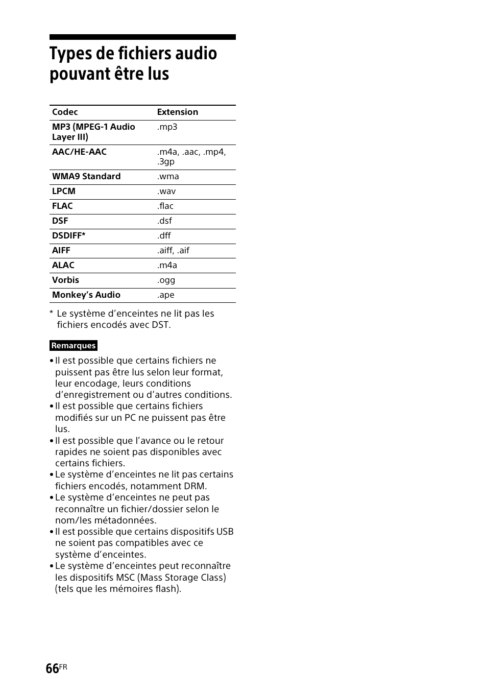 Types de fichiers audio pouvant être lus, Types de fichiers audio pouvant être | Sony UBP-X700M HDR 4K UHD Network Blu-ray Disc Player User Manual | Page 136 / 226