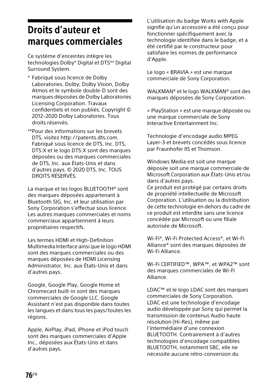 Droits d’auteur et marques commerciales, Droits d’auteur et marques, Commerciales | Sony UBP-X700M HDR 4K UHD Network Blu-ray Disc Player User Manual | Page 146 / 226