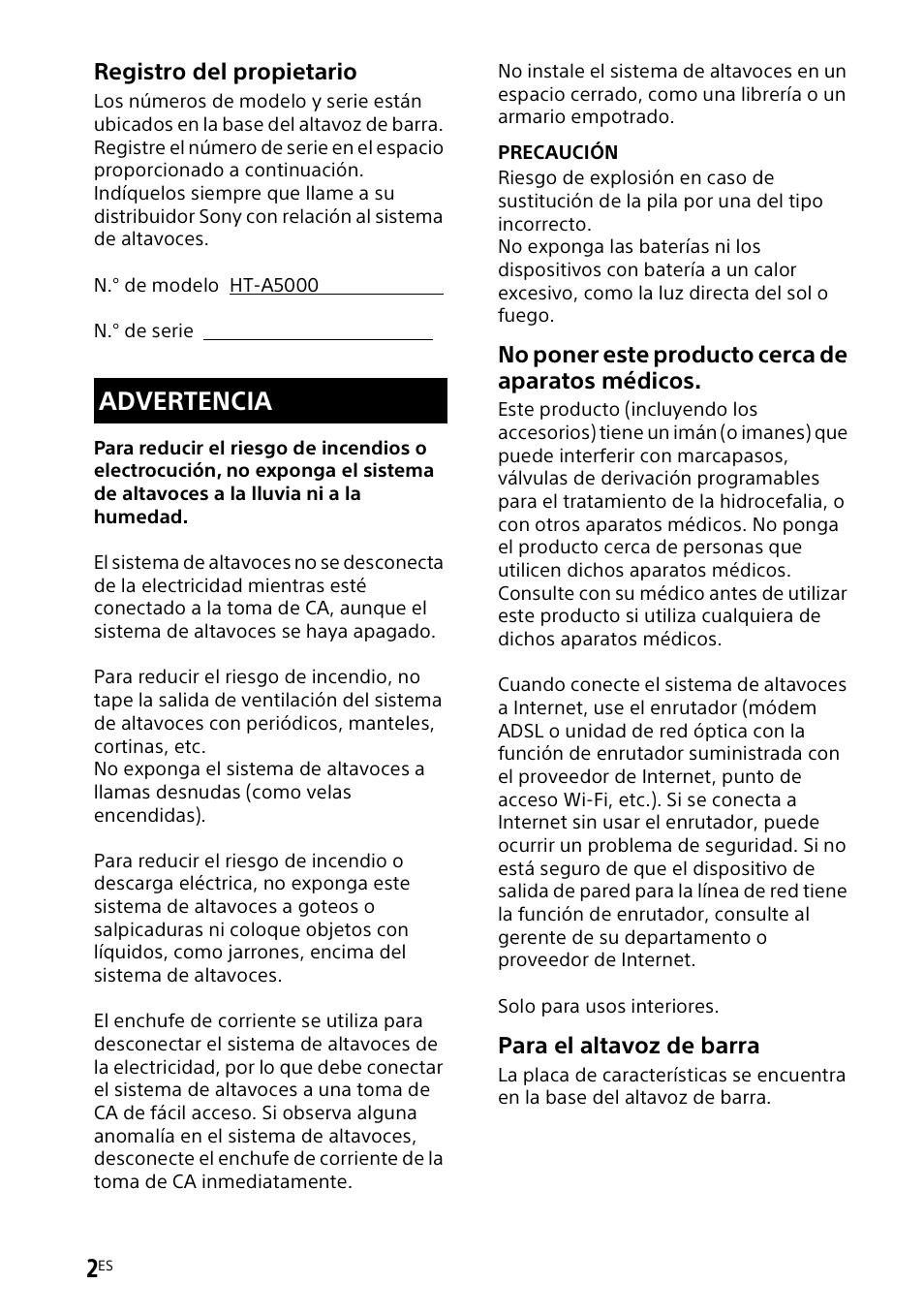 Advertencia | Sony UBP-X700M HDR 4K UHD Network Blu-ray Disc Player User Manual | Page 150 / 226