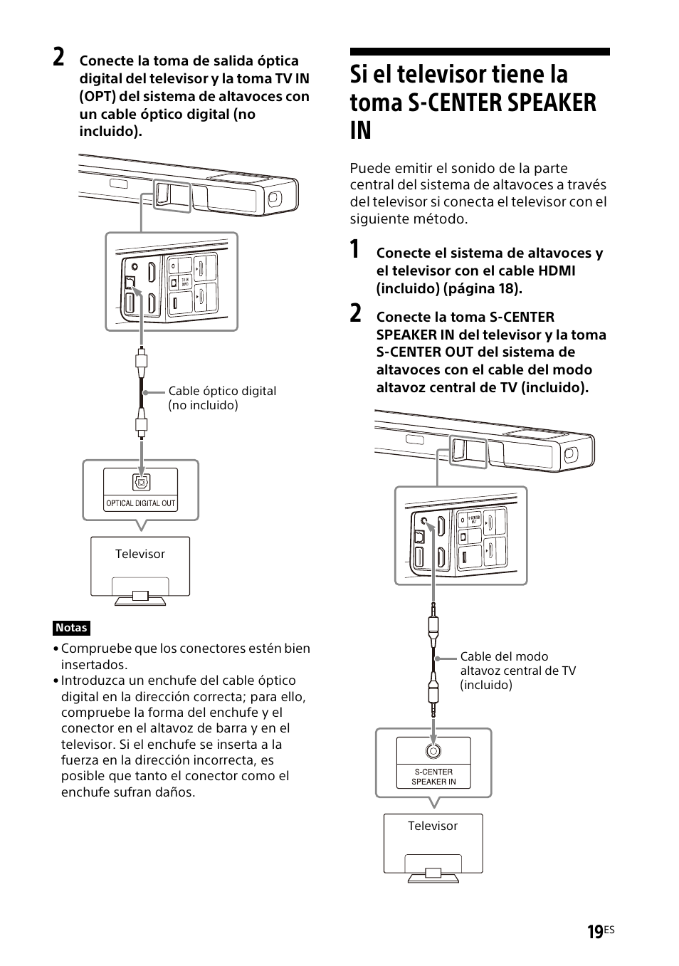 Si el televisor tiene la toma s-center speaker in, Si el televisor tiene la toma s, Center speaker in | Sony UBP-X700M HDR 4K UHD Network Blu-ray Disc Player User Manual | Page 167 / 226
