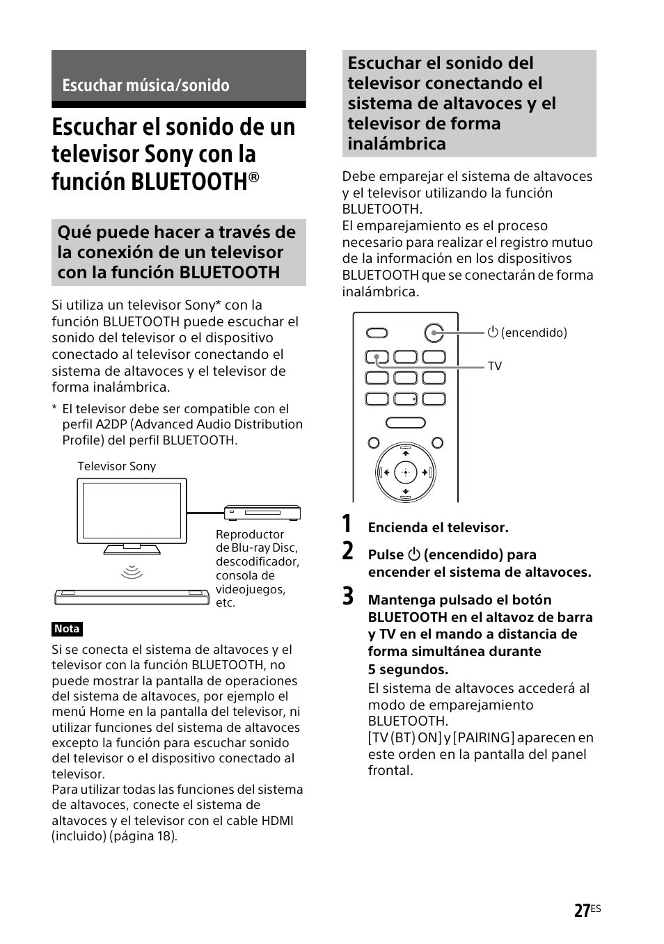 Escuchar música/sonido, Escuchar el sonido de un televisor, Sony con la función bluetooth | Escuchar el sonido de un | Sony UBP-X700M HDR 4K UHD Network Blu-ray Disc Player User Manual | Page 175 / 226