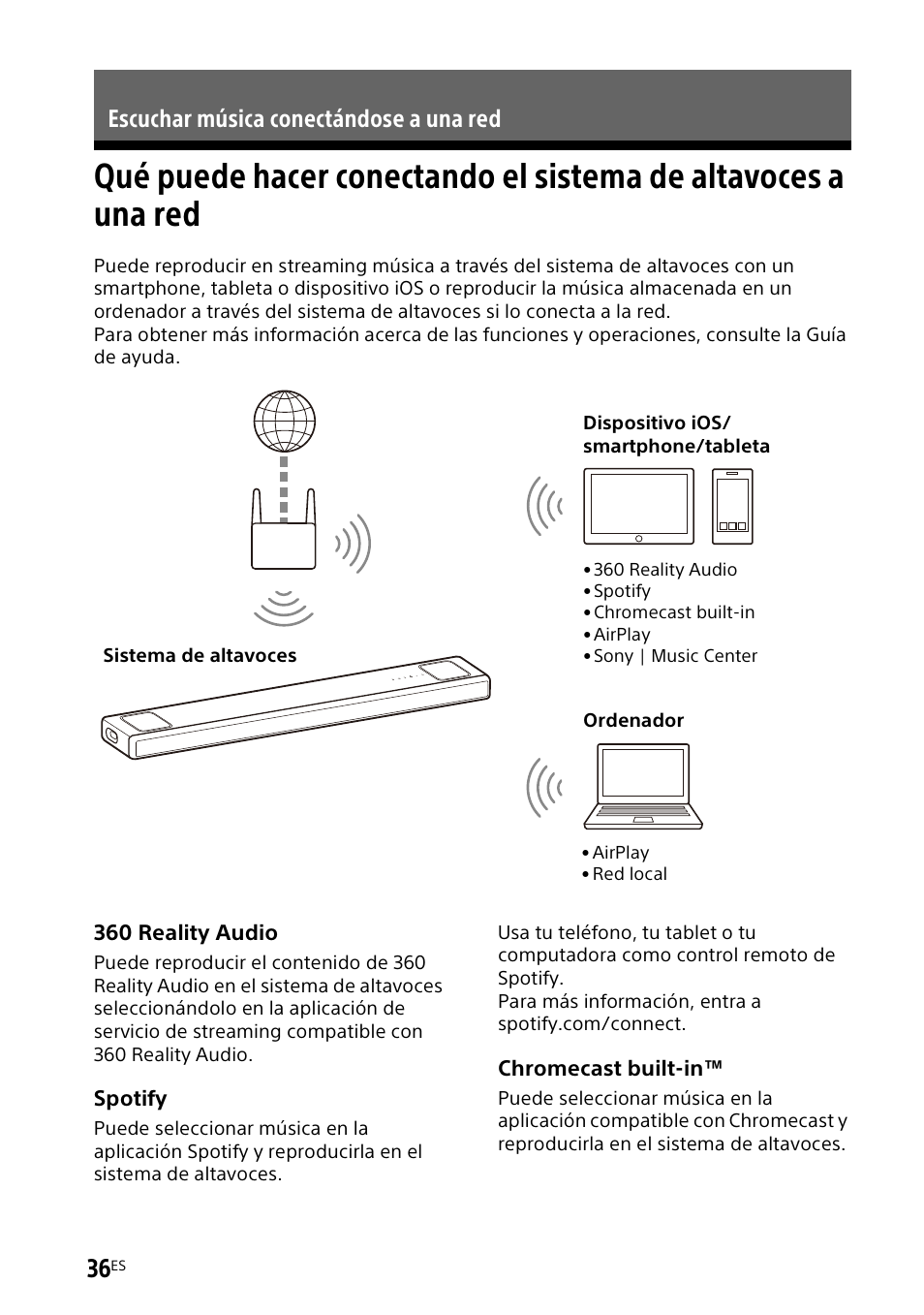 Escuchar música conectándose a una red, Qué puede hacer conectando el, Sistema de altavoces a una red | Sony UBP-X700M HDR 4K UHD Network Blu-ray Disc Player User Manual | Page 184 / 226