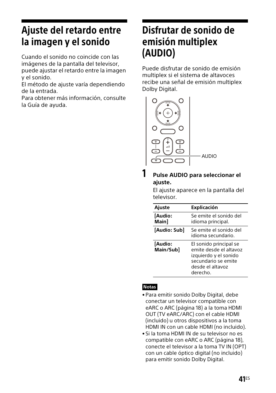 Ajuste del retardo entre la imagen y el sonido, Disfrutar de sonido de emisión multiplex (audio), Ajuste del retardo entre la imagen y | El sonido, Disfrutar de sonido de emisión, Multiplex (audio) | Sony UBP-X700M HDR 4K UHD Network Blu-ray Disc Player User Manual | Page 189 / 226