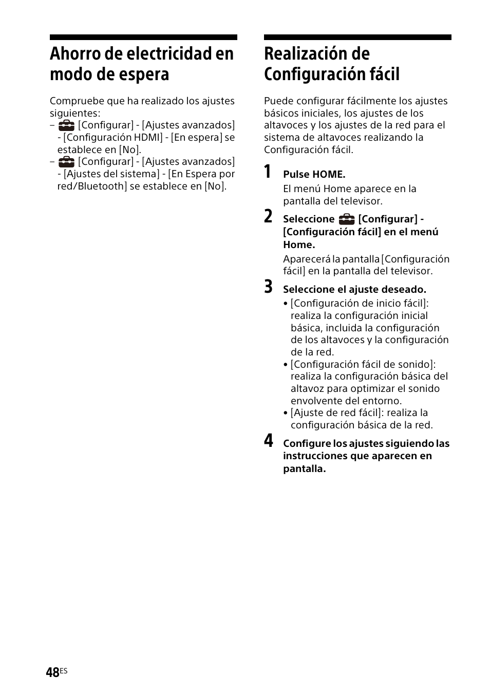 Ahorro de electricidad en modo de espera, Realización de configuración fácil, Ahorro de electricidad en modo de | Espera, Realización de configuración, Fácil | Sony UBP-X700M HDR 4K UHD Network Blu-ray Disc Player User Manual | Page 196 / 226