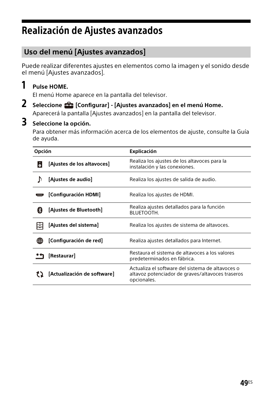 Realización de ajustes avanzados, Realización de ajustes, Avanzados | Uso del menú [ajustes avanzados | Sony UBP-X700M HDR 4K UHD Network Blu-ray Disc Player User Manual | Page 197 / 226