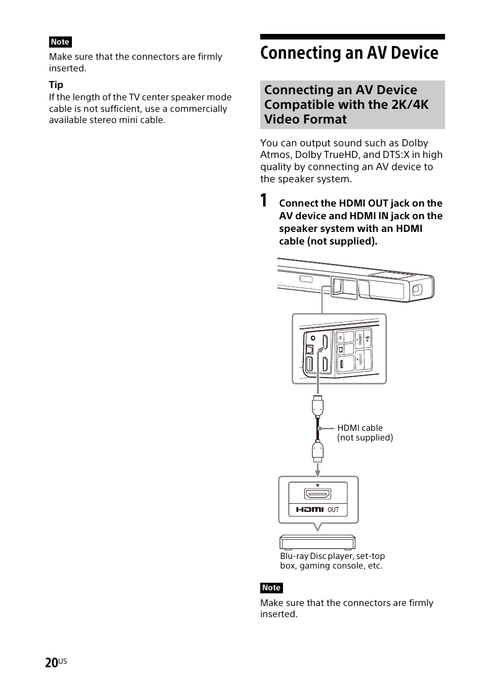 Connecting an av device | Sony UBP-X700M HDR 4K UHD Network Blu-ray Disc Player User Manual | Page 20 / 226