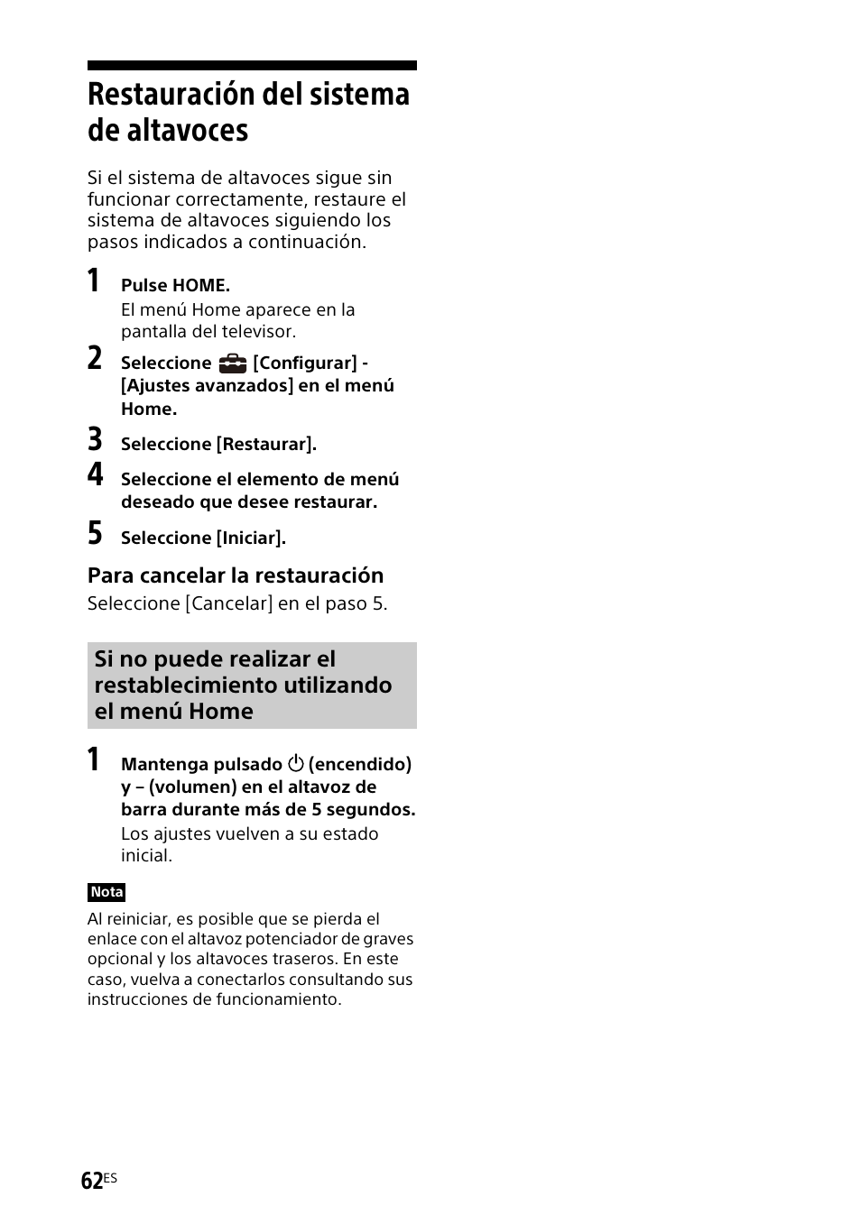 Restauración del sistema de altavoces, Restauración del sistema de, Altavoces | Sony UBP-X700M HDR 4K UHD Network Blu-ray Disc Player User Manual | Page 210 / 226