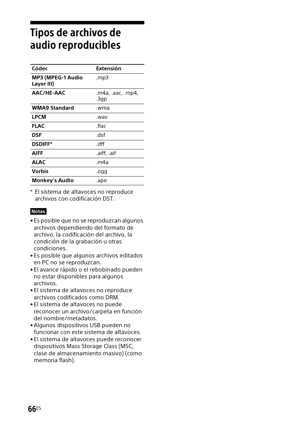 Tipos de archivos de audio reproducibles, Tipos de archivos de audio, Reproducibles | Sony UBP-X700M HDR 4K UHD Network Blu-ray Disc Player User Manual | Page 214 / 226