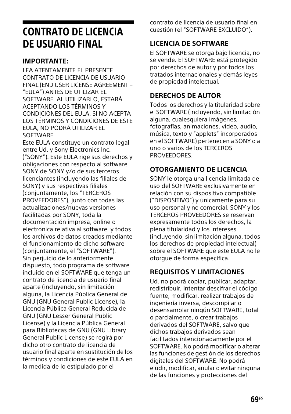 Contrato de licencia de usuario final, Contrato de licencia de, Usuario final | Sony UBP-X700M HDR 4K UHD Network Blu-ray Disc Player User Manual | Page 217 / 226