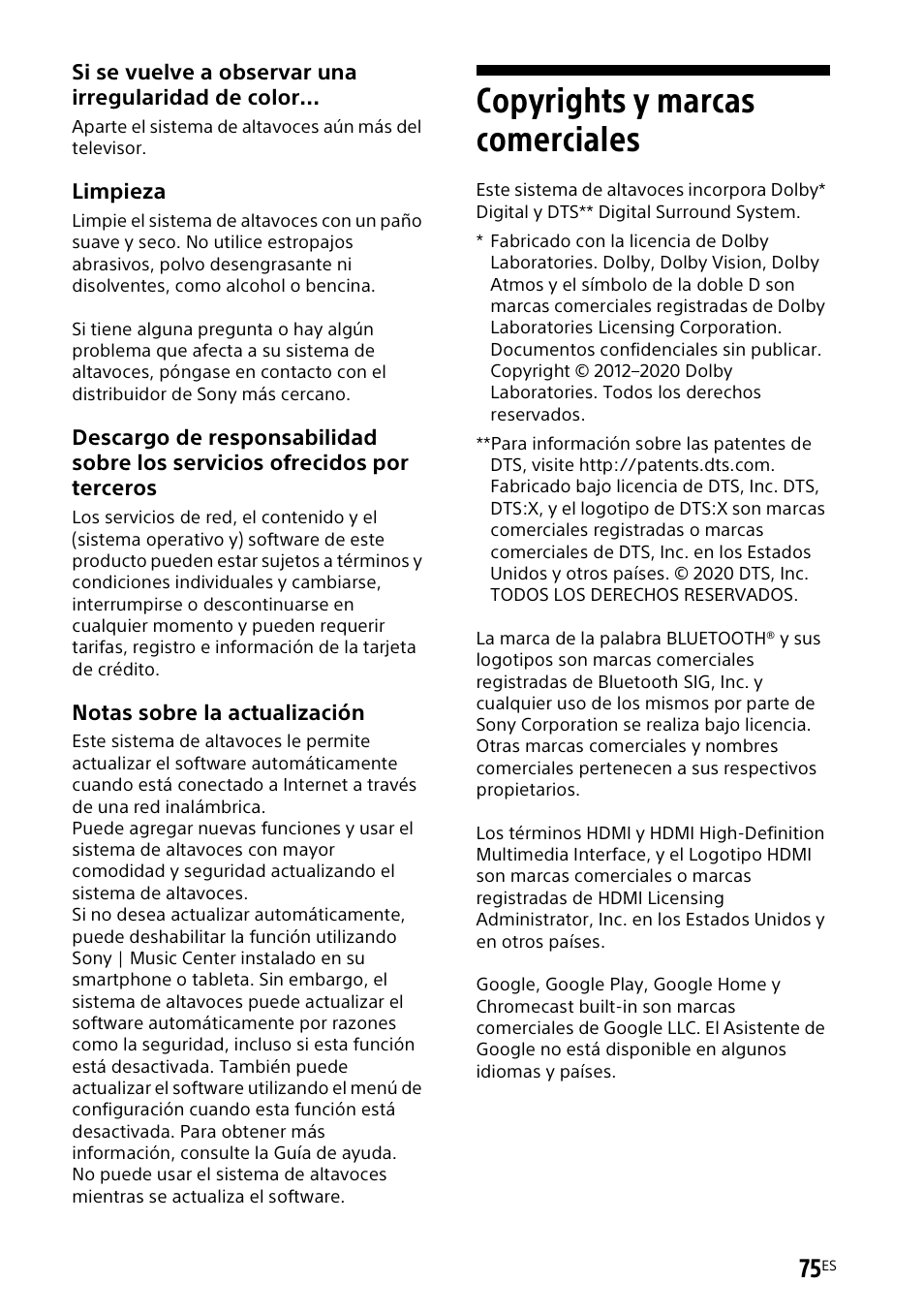 Copyrights y marcas comerciales, Copyrights y marcas, Comerciales | Sony UBP-X700M HDR 4K UHD Network Blu-ray Disc Player User Manual | Page 223 / 226