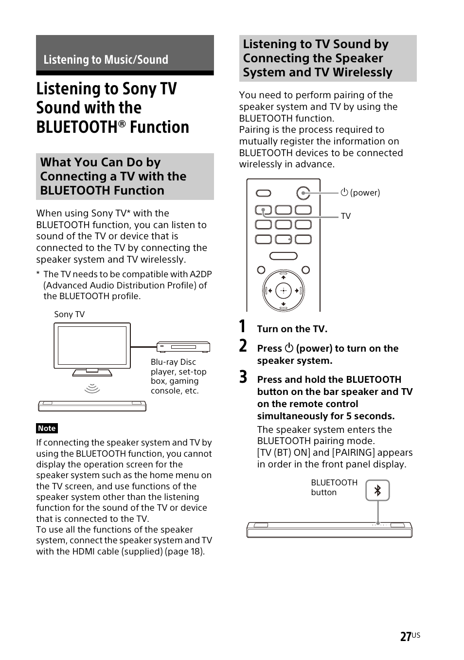 Listening to music/sound, Listening to sony tv sound with the, Bluetooth® function | Listening to sony tv | Sony UBP-X700M HDR 4K UHD Network Blu-ray Disc Player User Manual | Page 27 / 226