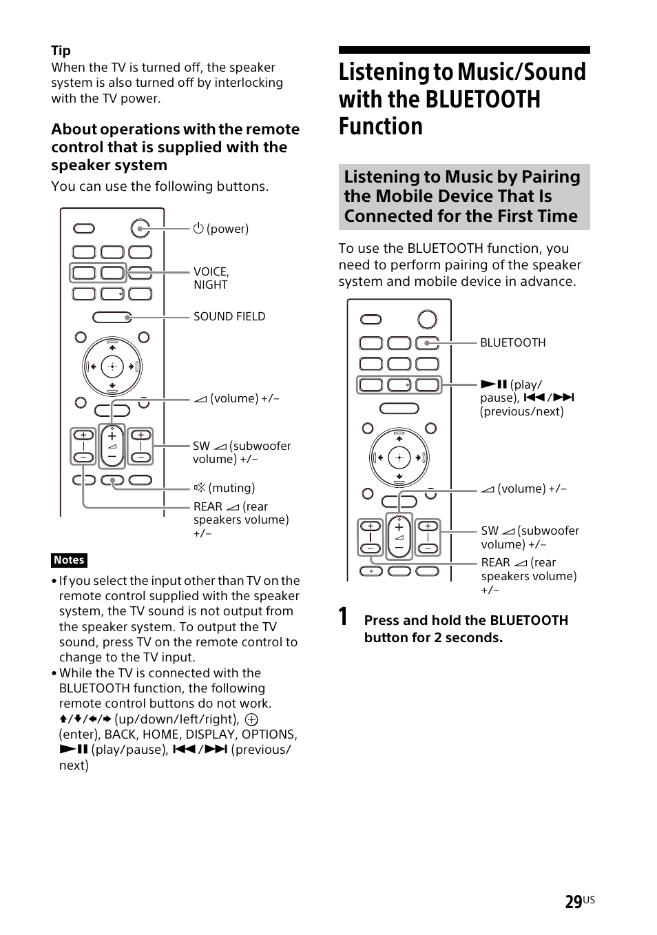 Listening to music/sound with the, Bluetooth function | Sony UBP-X700M HDR 4K UHD Network Blu-ray Disc Player User Manual | Page 29 / 226