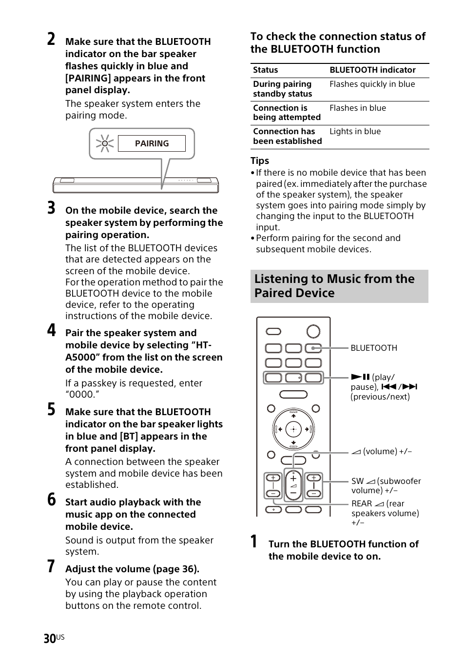 Listening to music from the paired device | Sony UBP-X700M HDR 4K UHD Network Blu-ray Disc Player User Manual | Page 30 / 226