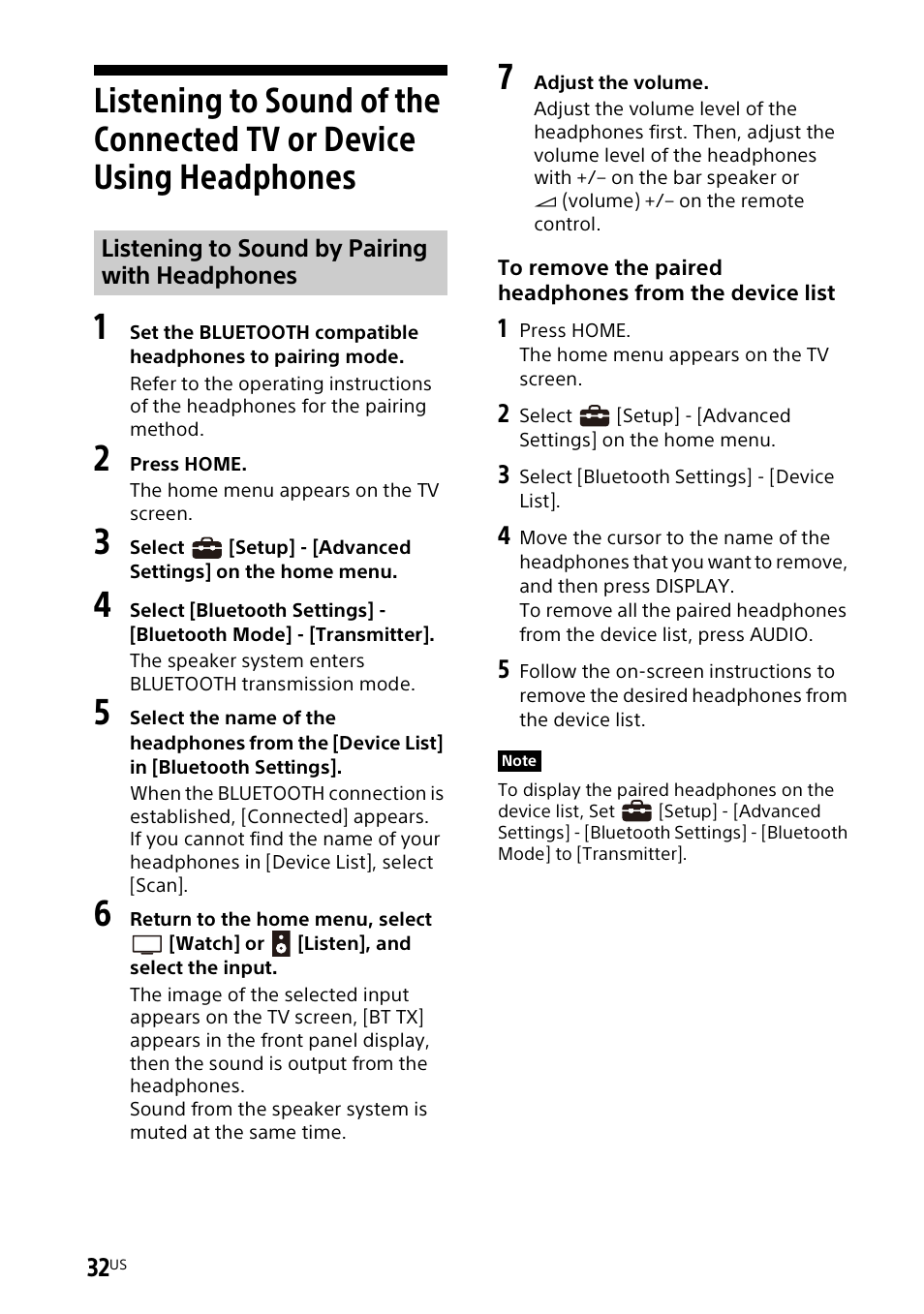 Listening to sound of the connected, Tv or device using headphones | Sony UBP-X700M HDR 4K UHD Network Blu-ray Disc Player User Manual | Page 32 / 226