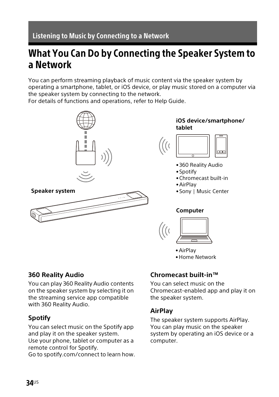 Listening to music by connecting to a network, What you can do by connecting the, Speaker system to a network | Sony UBP-X700M HDR 4K UHD Network Blu-ray Disc Player User Manual | Page 34 / 226