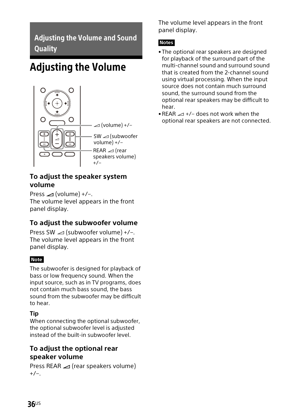 Adjusting the volume and sound quality, Adjusting the volume | Sony UBP-X700M HDR 4K UHD Network Blu-ray Disc Player User Manual | Page 36 / 226