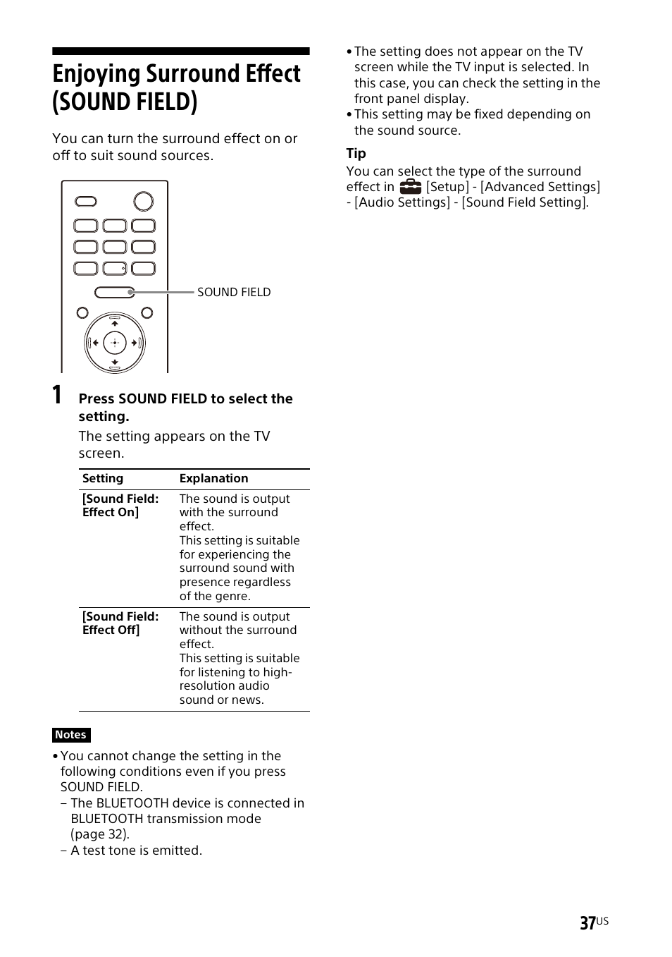 Enjoying surround effect (sound field), Enjoying surround effect, Sound field) | Sony UBP-X700M HDR 4K UHD Network Blu-ray Disc Player User Manual | Page 37 / 226
