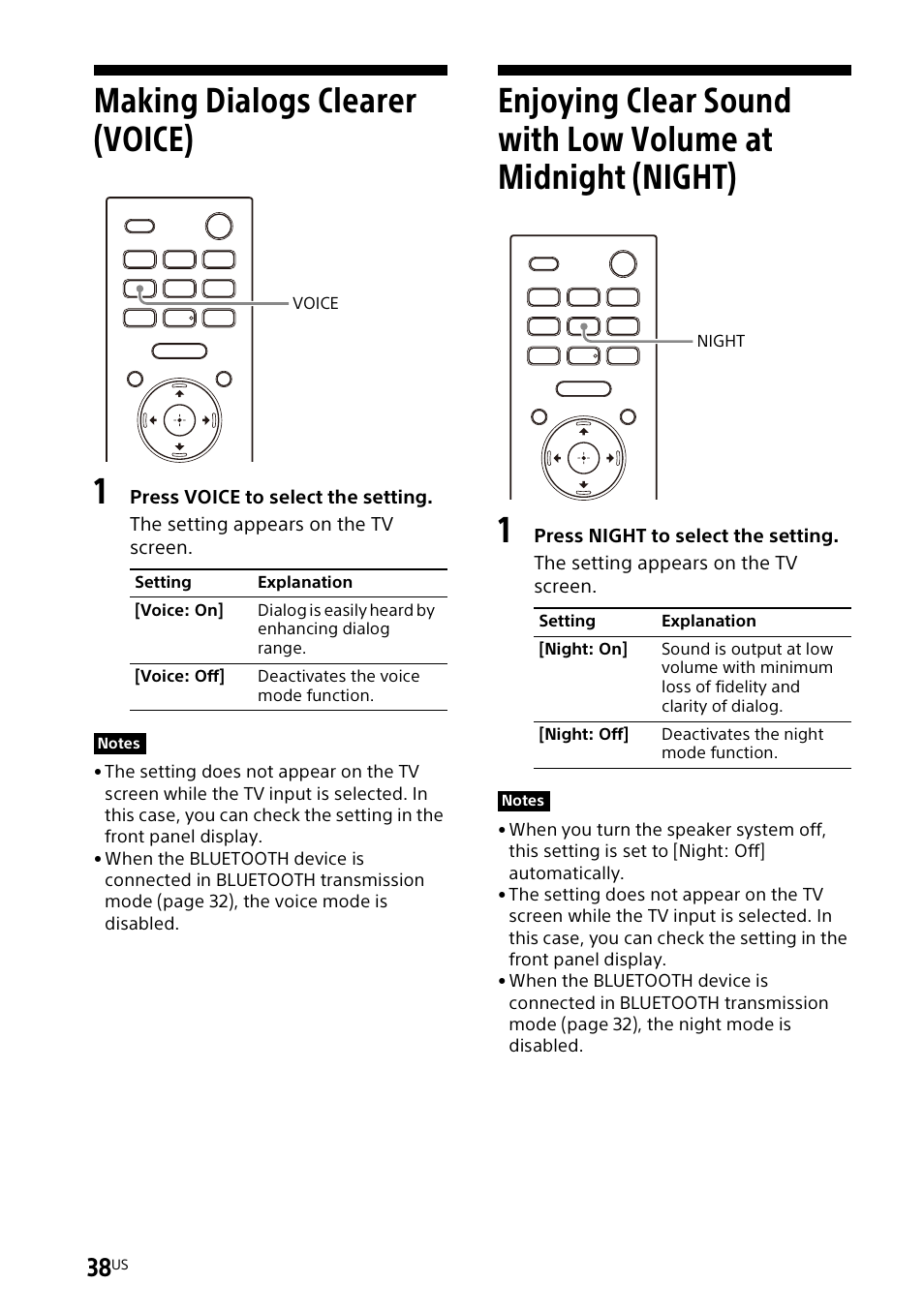 Making dialogs clearer (voice), Making dialogs clearer, Voice) | Enjoying clear sound with low, Volume at midnight (night) | Sony UBP-X700M HDR 4K UHD Network Blu-ray Disc Player User Manual | Page 38 / 226