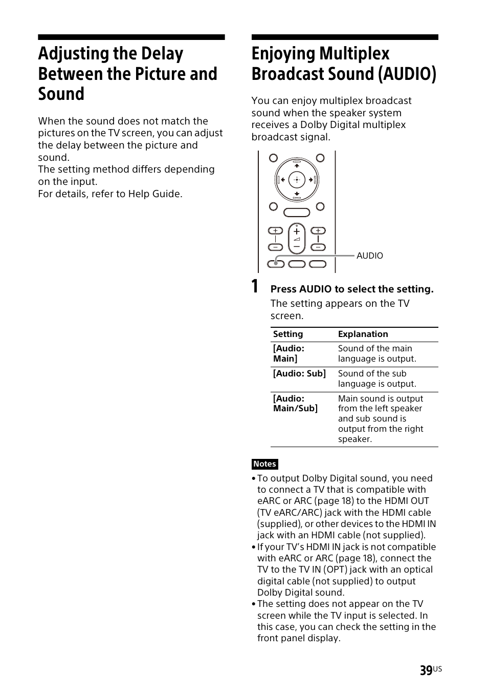 Adjusting the delay between the picture and sound, Enjoying multiplex broadcast sound (audio), Adjusting the delay between the | Picture and sound, Enjoying multiplex broadcast sound, Audio) | Sony UBP-X700M HDR 4K UHD Network Blu-ray Disc Player User Manual | Page 39 / 226