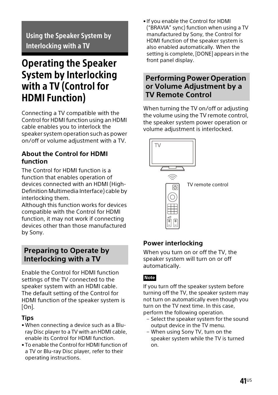 Using the speaker system by interlocking with a tv, Operating the speaker system by, Interlocking with a tv (control for hdmi function) | Sony UBP-X700M HDR 4K UHD Network Blu-ray Disc Player User Manual | Page 41 / 226