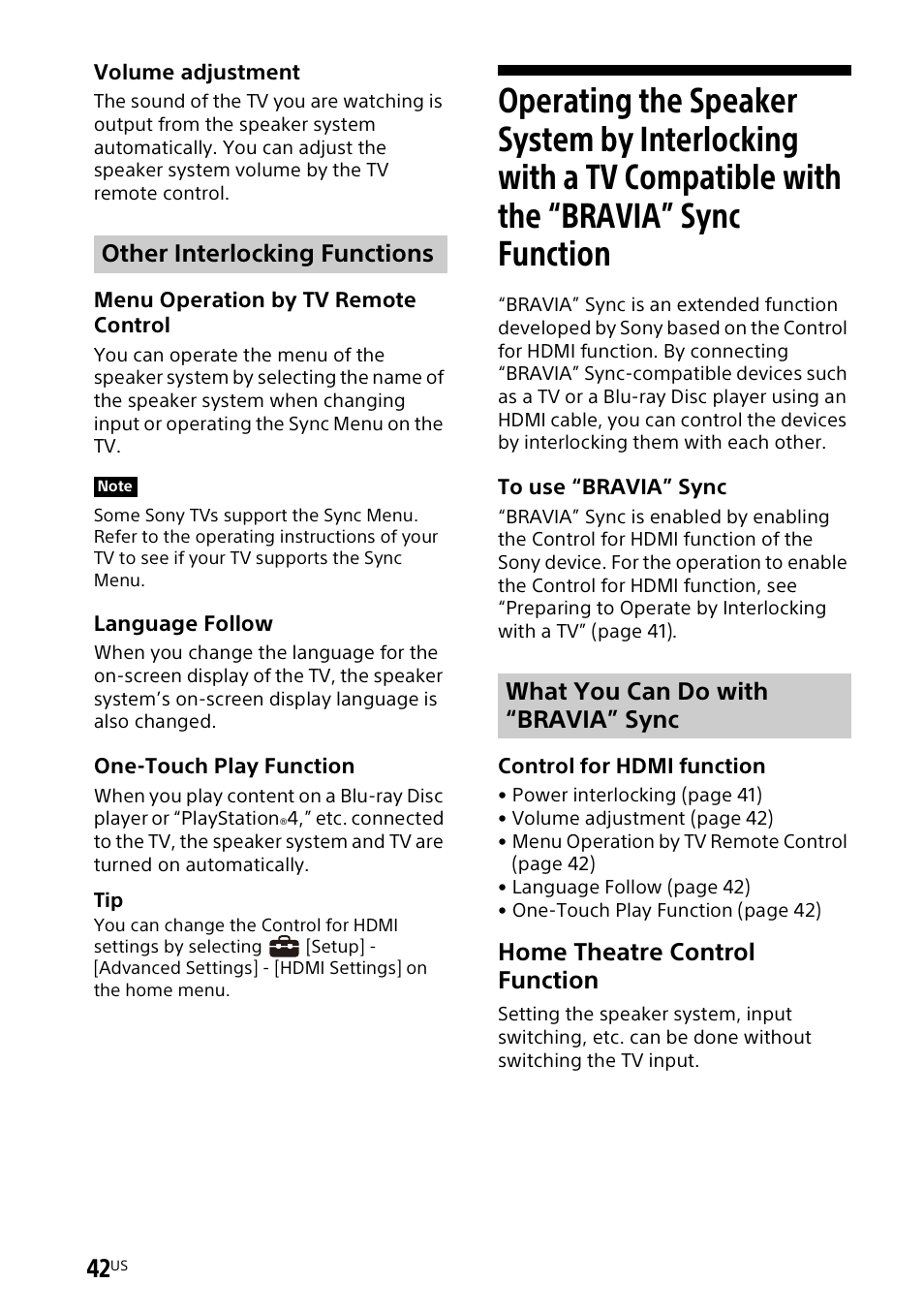 Operating the speaker system by, Home theatre control function, Other interlocking functions | What you can do with “bravia” sync | Sony UBP-X700M HDR 4K UHD Network Blu-ray Disc Player User Manual | Page 42 / 226