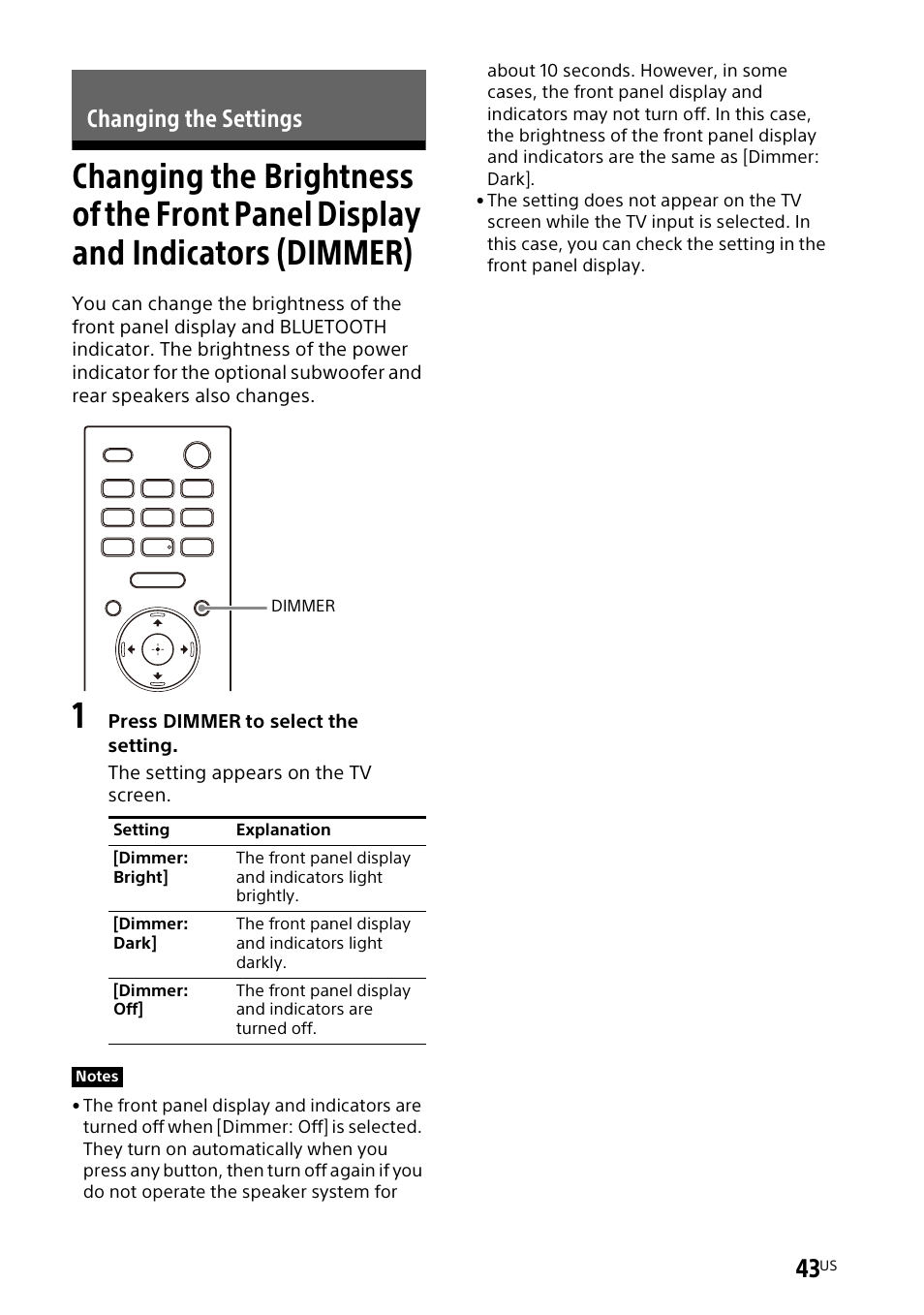 Changing the settings, Changing the brightness of the, Front panel display and indicators (dimmer) | Sony UBP-X700M HDR 4K UHD Network Blu-ray Disc Player User Manual | Page 43 / 226