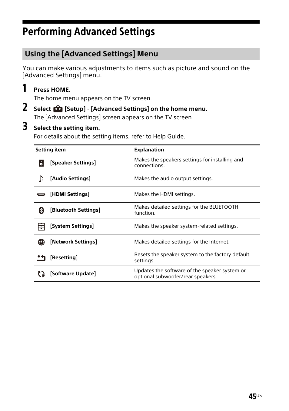 Performing advanced settings, Performing advanced, Settings | Using the [advanced settings] menu | Sony UBP-X700M HDR 4K UHD Network Blu-ray Disc Player User Manual | Page 45 / 226