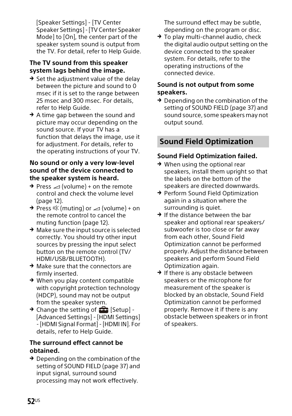 Sound field optimization | Sony UBP-X700M HDR 4K UHD Network Blu-ray Disc Player User Manual | Page 52 / 226