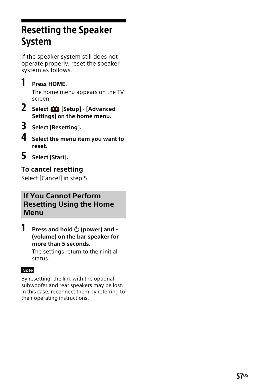 Resetting the speaker system | Sony UBP-X700M HDR 4K UHD Network Blu-ray Disc Player User Manual | Page 57 / 226