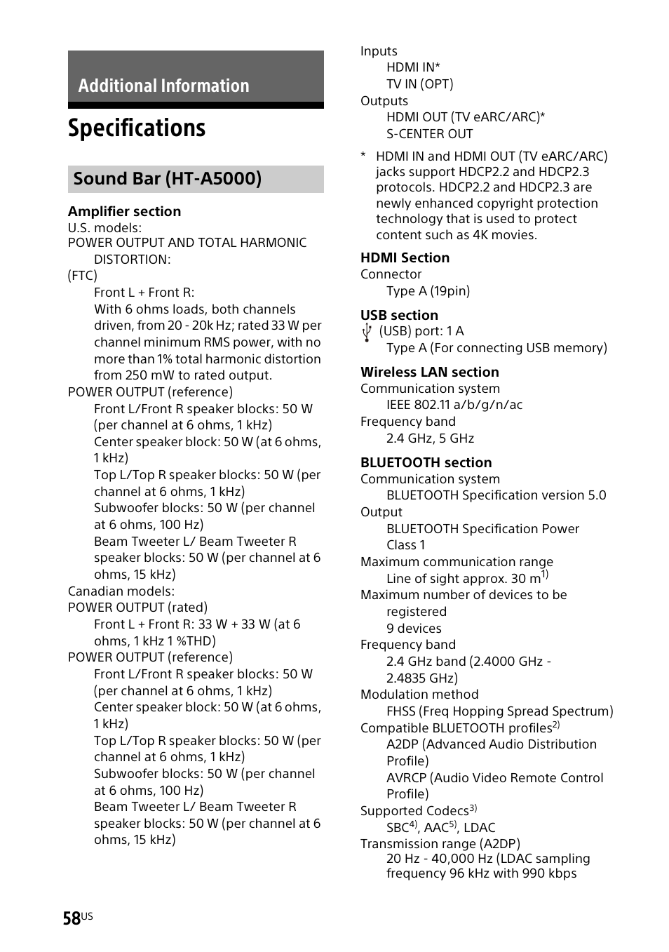 Additional information, Specifications, Sound bar (ht-a5000) | Sony UBP-X700M HDR 4K UHD Network Blu-ray Disc Player User Manual | Page 58 / 226