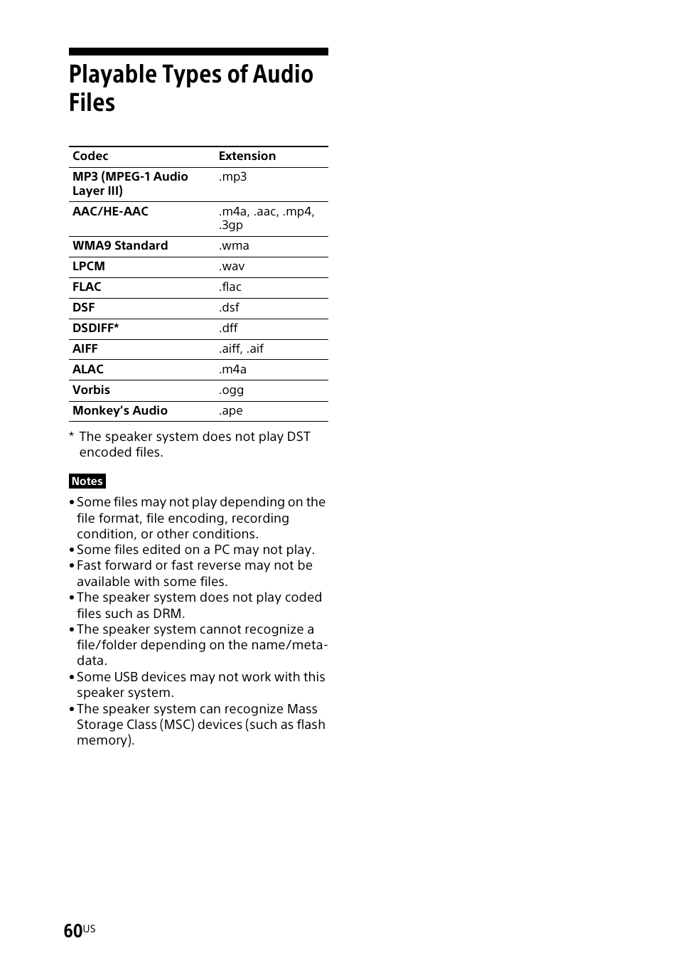 Playable types of audio files | Sony UBP-X700M HDR 4K UHD Network Blu-ray Disc Player User Manual | Page 60 / 226