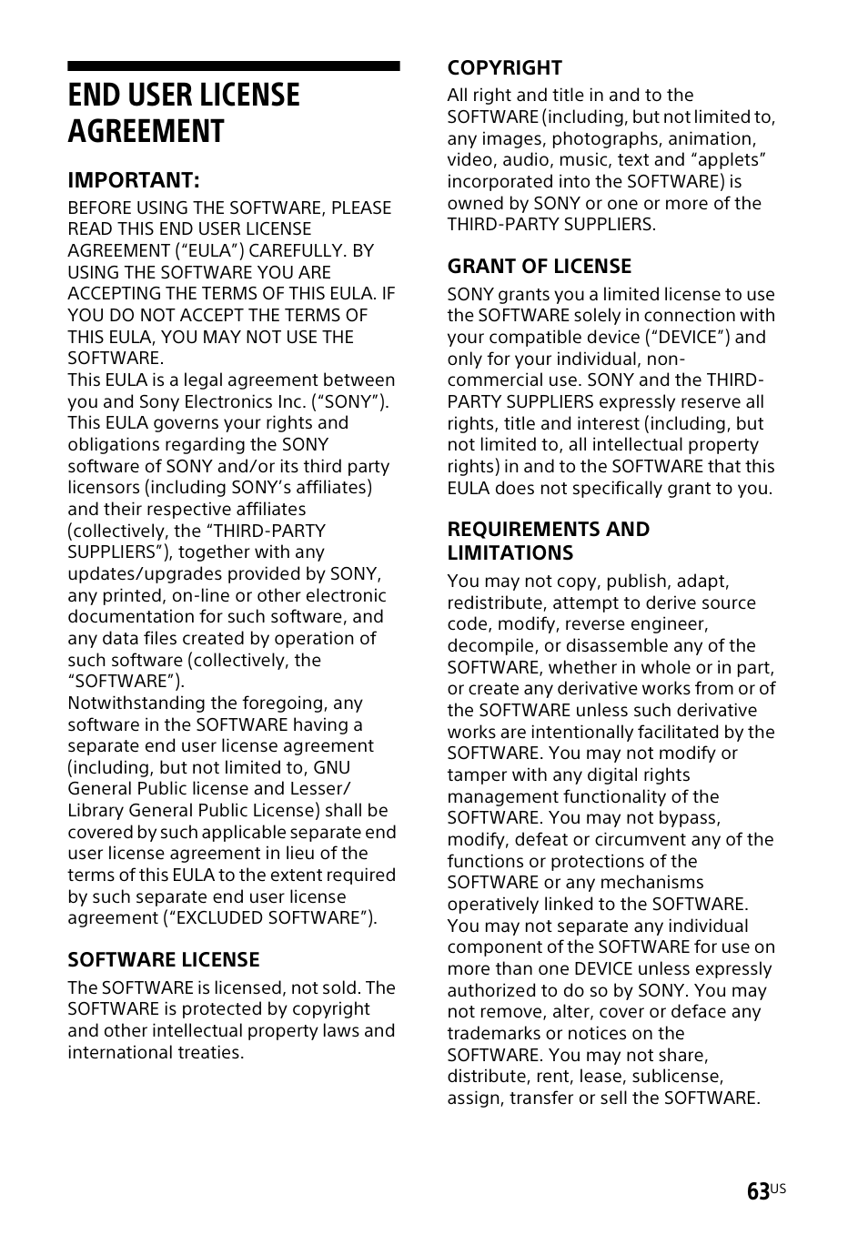 End user license agreement, End user license, Agreement | Sony UBP-X700M HDR 4K UHD Network Blu-ray Disc Player User Manual | Page 63 / 226