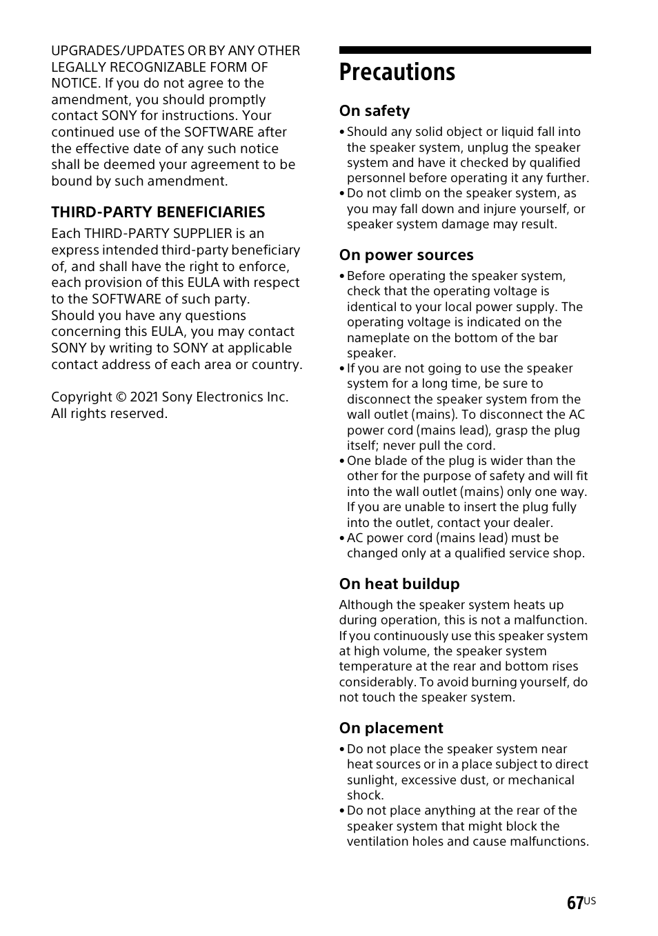 Precautions | Sony UBP-X700M HDR 4K UHD Network Blu-ray Disc Player User Manual | Page 67 / 226