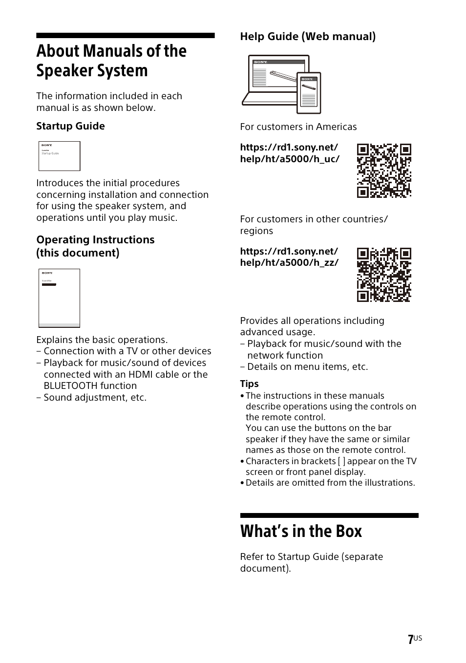 About manuals of the speaker system, About manuals of the speaker, System | What’s in the box | Sony UBP-X700M HDR 4K UHD Network Blu-ray Disc Player User Manual | Page 7 / 226