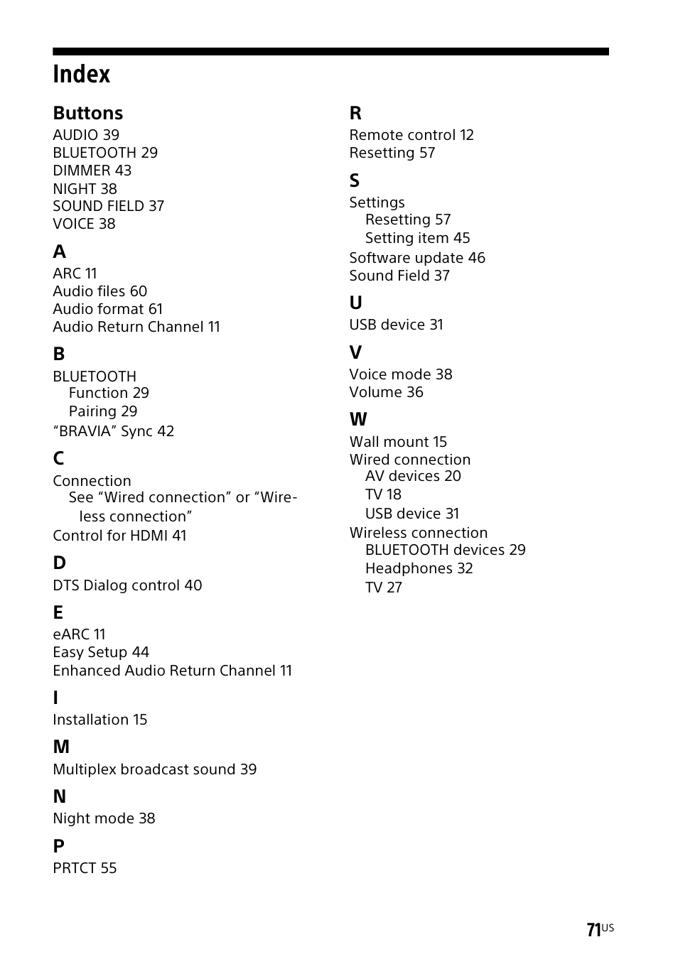 Index, Buttons | Sony UBP-X700M HDR 4K UHD Network Blu-ray Disc Player User Manual | Page 71 / 226